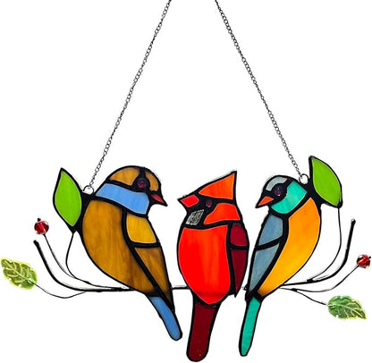 Cardinal Gifts Stained Glass Window Hangings, Suncatcher for Window Multicolor Bird On A Wire Panel Decor Series Ornament Home Wall Garden Decoration Bird Love Gifts