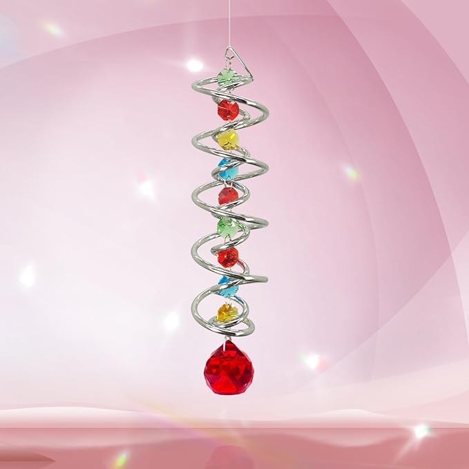 FONMY Gazing Ball Spiral Tail -Decorative Wind Spinner Sun Catcher Rainbow Maker Double-Spiral W/Red Crystal Ball and Chain Crystals for Indoor Outdoor Garden Decoration -14 inch Height