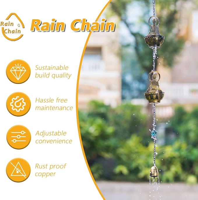 10.5ft Rain Chain for Outside, Rain Chain with 10 Buddha Cups, Adjustable Rain Catcher Chain for Outside, Replacement Downspout for Gutters, Eaves, Drainage