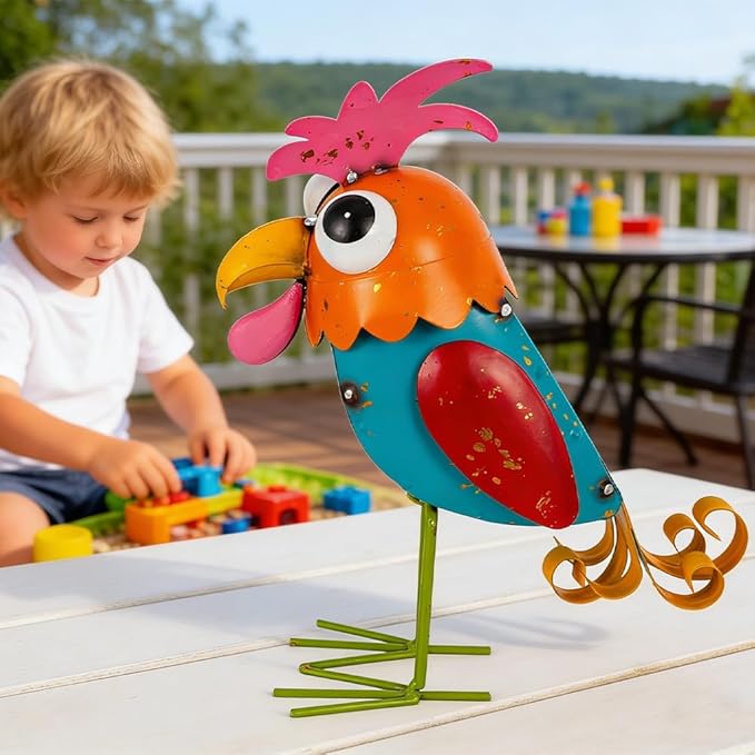 Metal Wacky Rooster Garden Statues, 11” Rooster Outdoor Decor Chicken Yard Art Sculptures Decoration for Home Outsiede Patio Lawn Backyard, Gift for Women Lovers Moms(Red & Blue)
