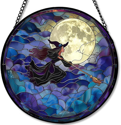 Stained Glass Window Hanging - Halloween 6.3in Flying Witch on Broom with Moon Sun Catchers Indoor Stained Glass Panels Wall Decor for Mom，Wife，Lovers，Festive