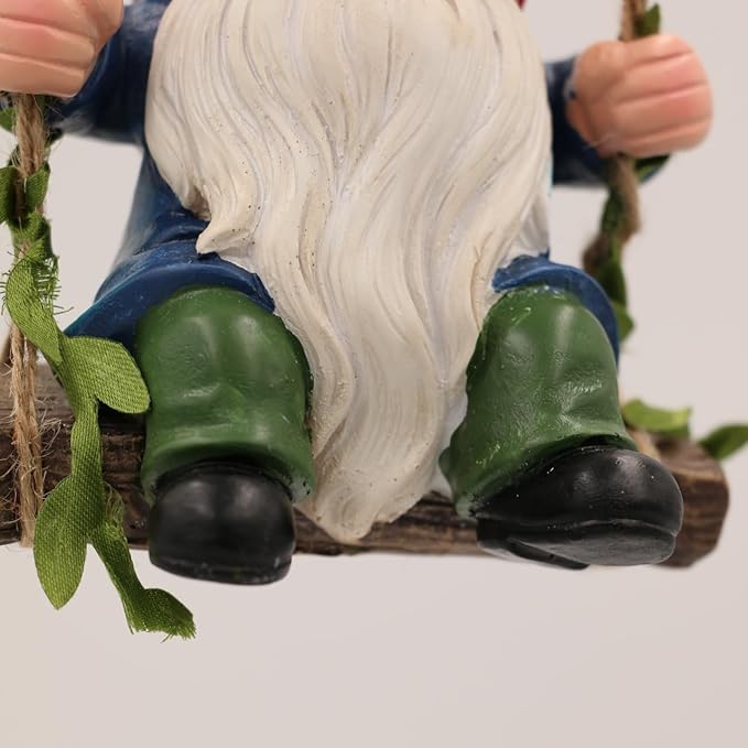 Garden Gnomes Outdoor Statue,Garden Gnome on Swing, Gnomes Decorations for Lawn Yard, Indoor and Outdoor Gnome Ornament for Christmas Tree Decor Halloween New Year. (Swing Gnome)