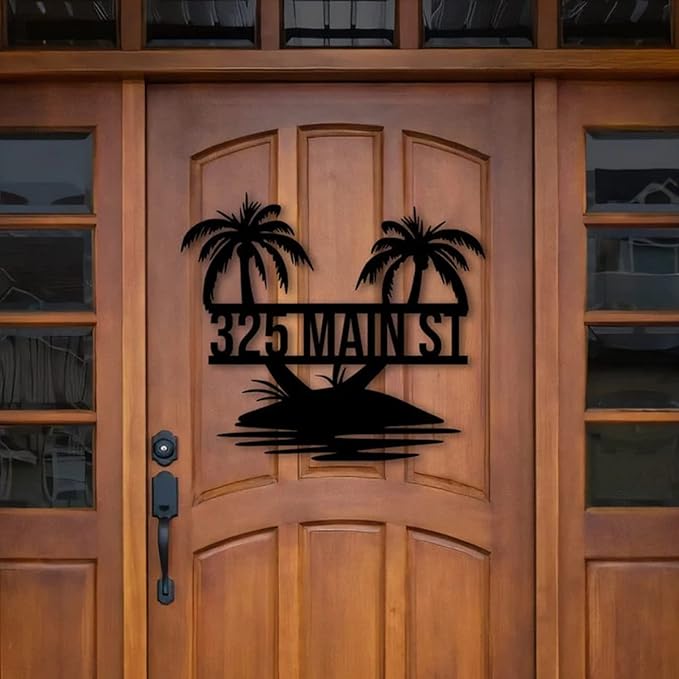 Custom Tropical Palm Tree Metal Address Sign Personalized Beach House Number Wall Decor Outdoor Pool Lake Sign Coastal Home Metal Art Housewarming Gift for Patio Entryway