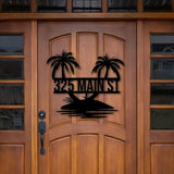 Custom Tropical Palm Tree Metal Address Sign Personalized Beach House Number Wall Decor Outdoor Pool Lake Sign Coastal Home Metal Art Housewarming Gift for Patio Entryway