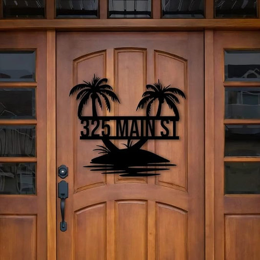 Custom Tropical Palm Tree Metal Address Sign Personalized Beach House Number Wall Decor Outdoor Pool Lake Sign Coastal Home Metal Art Housewarming Gift for Patio Entryway