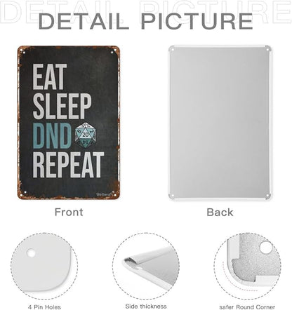 Retro Tin Signs Eat Sleep Dnd Repeat Vintage Metal Wall Decor for Home,Garden,Office,and Outdoor Aesthetic Room Decor and Wall Art 8x12IN