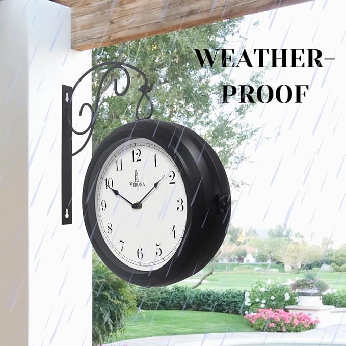 Metal Double Sided Wall Clock 10" - Decorative Indoor Outdoor Double Sided Clock - Easy to Read, Hanging Train Station Style for Patio, Garden, Office & More - Antique Style Outside Corner Wall Decor