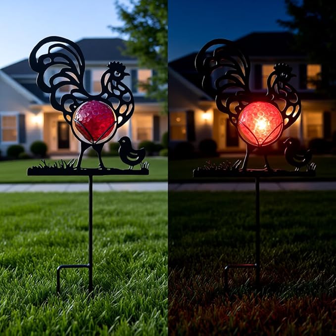Rooster Solar Lights Outdoor Decorations, 2 Pack Metal Iron Solar Stake Lights for Yard, Garden, Lawn Decor