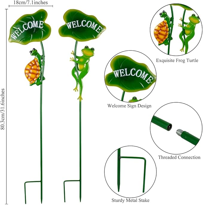 2Pack Frog Decorative Garden Stakes,Metal Tortoise Yard Art Decor for Outside Decor,Spring Outdoor Decor for Pathway,Lawn,Patio,Yard