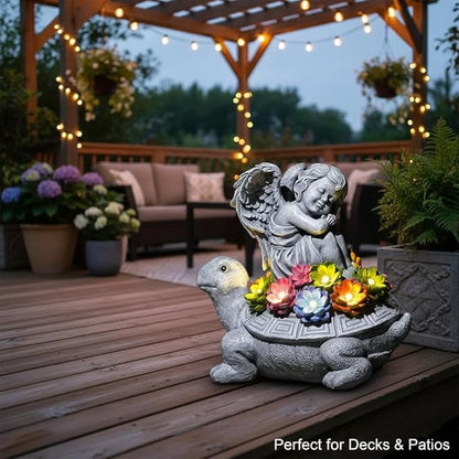 Solar Angel Turtle Garden Statue - IP65 Waterproof Outdoor Decor with 7 LED Lights - Heartwarming Memorial Gifts for Mom, Grandma - Resin Figurine for Patio & Yard