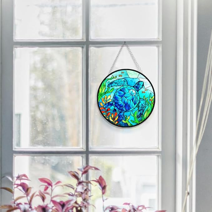 WIRESTER Stained Glass Suncatcher 6 Inch, Glass Panel with Metal Chain, Sun Catcher Window Hanging Ornament for Indoor Outdoor Wall Art Home Decoration - Sea Turtle Ocean