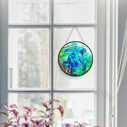 WIRESTER Stained Glass Suncatcher 6 Inch, Glass Panel with Metal Chain, Sun Catcher Window Hanging Ornament for Indoor Outdoor Wall Art Home Decoration - Sea Turtle Ocean