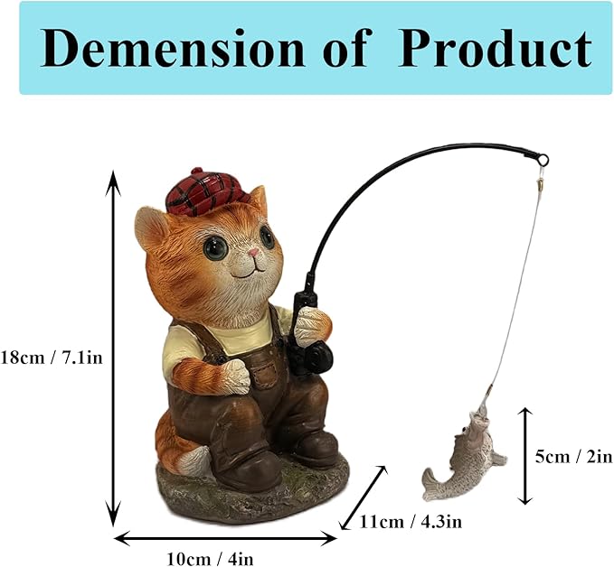 GARDEN WHISPER Cat Statue Outdoor Koi Pond Garden Decoration, Cat Decor for Yard 7.1'' Fishing Tabby Statue Outdoor Garden Decor, Fishing Guy for Waterfalls or Koi Pond Additioanl, Gifts for Mom