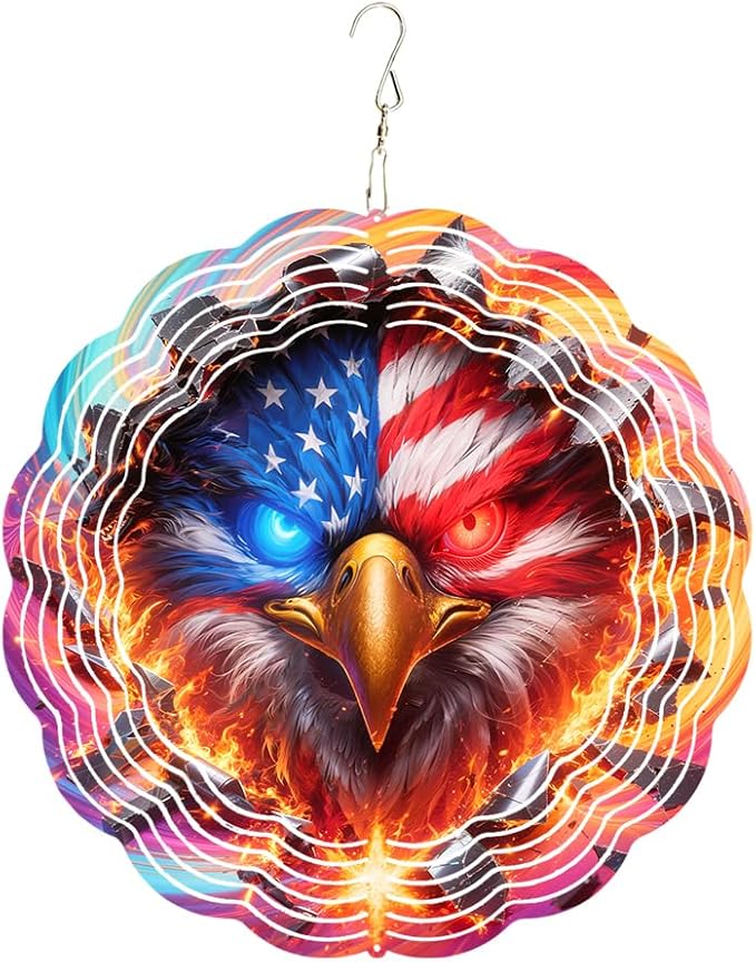 10x10 Patriotic Bald Eagle Fire Wind Spinner American Flag Crystal Chimes Outdoor Garden Decor Spinning Wind Chime Memorial Day 4th of July Gift