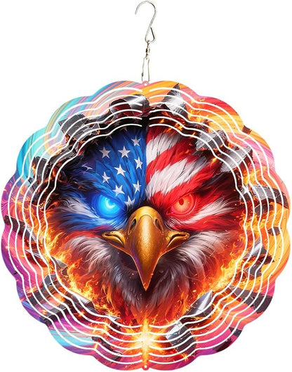 10x10 Patriotic Bald Eagle Fire Wind Spinner American Flag Crystal Chimes Outdoor Garden Decor Spinning Wind Chime Memorial Day 4th of July Gift