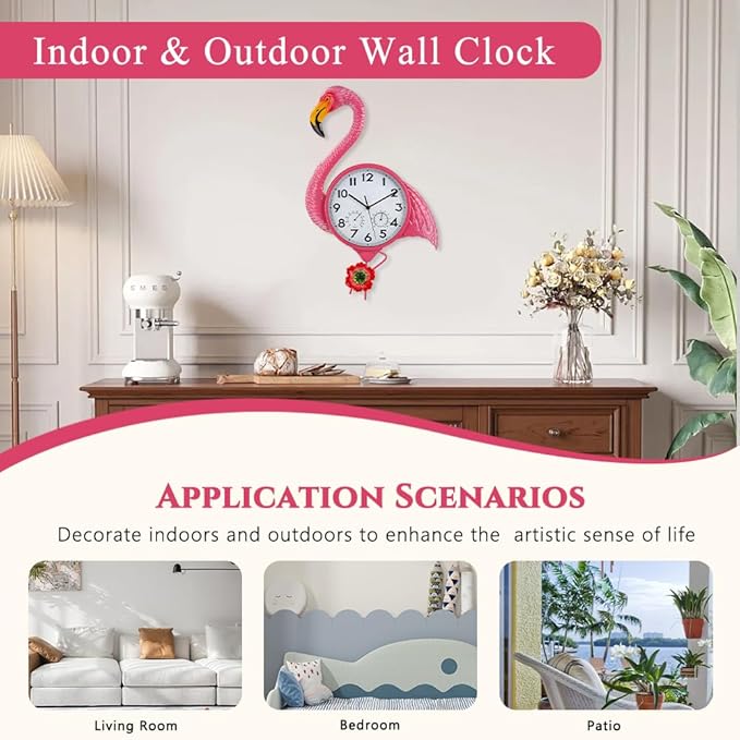 Large Outdoor Clock with Thermometer & Humidity - Silent Non-Ticking, Flamingo Outdoor Wall Clock for Patio, Garden, Kitchen, Living Room(Pink)