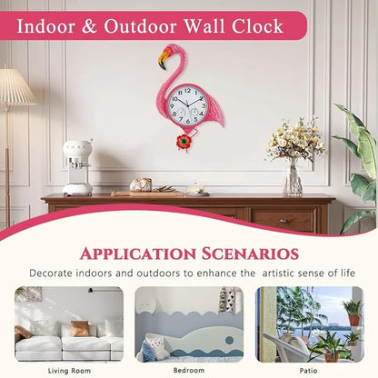 Large Outdoor Clock with Thermometer & Humidity - Silent Non-Ticking, Flamingo Outdoor Wall Clock for Patio, Garden, Kitchen, Living Room(Pink)