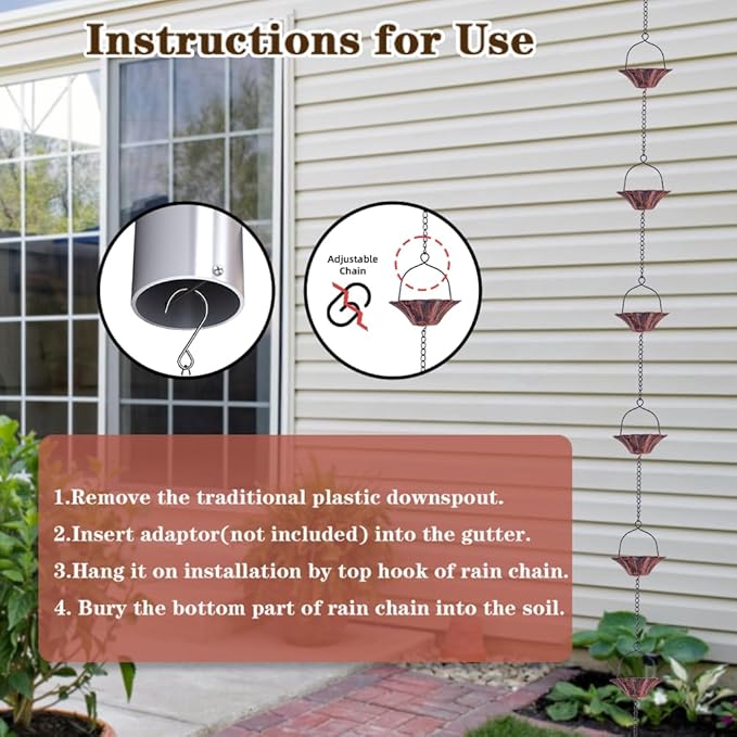 10FT Lotus Rain Chain, Rain Chains for Gutters with 12 Cups, Adjustable Rain Catcher Chain with Bell for Eaves Drainage, Replacement for Downspout