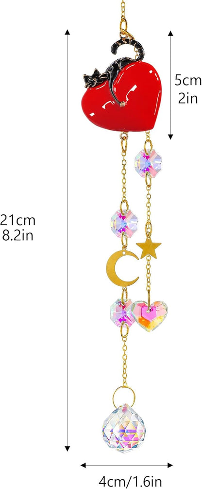 H&D HYALINE & DORA Crystal Red Heart with Cat Suncatcher Window Hanging Ornament Rainbow Maker Sun Catchers Gift for Women, Pet Lovers