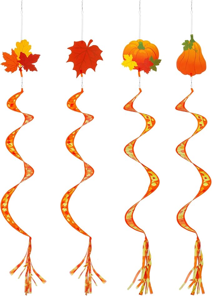 Beeveer 4 Pcs 57'' Fall Wind Socks Thanksgiving Wind Spinners for Outdoor Hanging Nylon Fabric Maple Pumpkin Windsock Leaf Streamers for Fall Autumn Decorations Windmill to Scare Birds Away