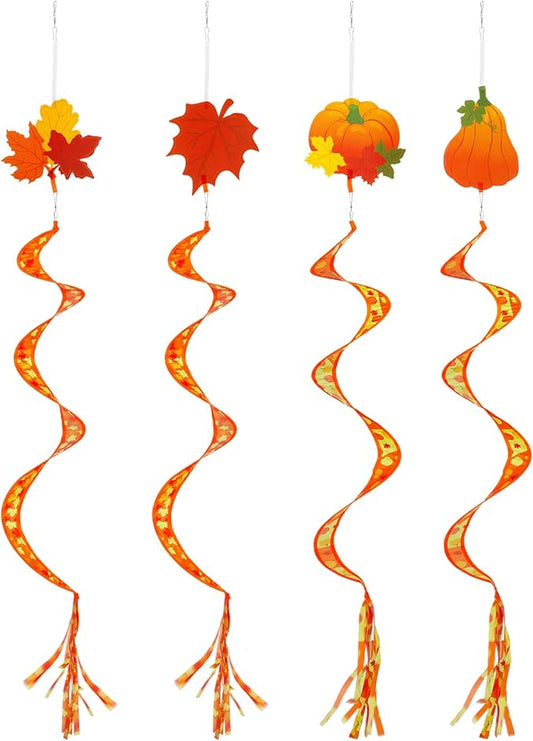 Beeveer 4 Pcs 57'' Fall Wind Socks Thanksgiving Wind Spinners for Outdoor Hanging Nylon Fabric Maple Pumpkin Windsock Leaf Streamers for Fall Autumn Decorations Windmill to Scare Birds Away