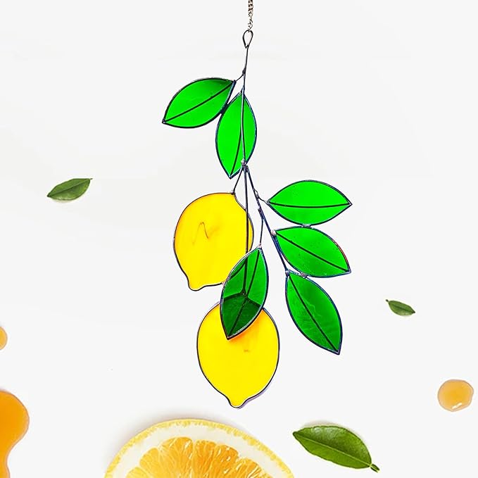 Lemons Leaf Green Artificial Plants, Handcrafted Stained Glass Window Wall Hanging Suncatchers, Fake Plants as Gifts for Houseplant Lovers