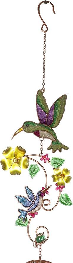 Ebros Gift Birds of Nature Hummingbird Hovering Nectar Flowers Art Glass Gemstones and Metal Resonant Wind Chime 32" High Copper Rods Hanging Mobile Home Patio Garden Decor