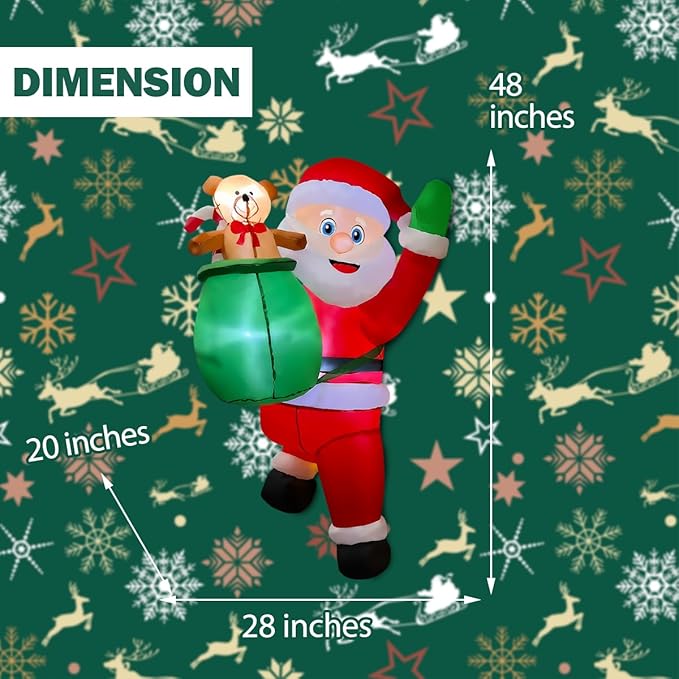 BLOWOUT FUN 4FT Christmas Inflatable Hanging Santa with Gift Bag Decorations, Blow Up Climbing Santa with Build-in LED for Xmas Party, Outdoor, Yard, Garden, Lawn Winter Decoration