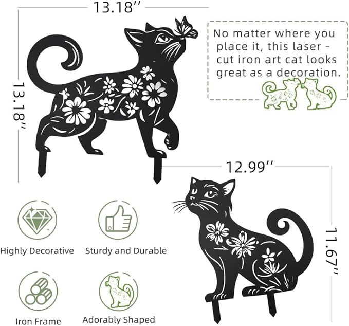 Metal Cat Garden Decor for Outside (2 Pack), 14 Inch Yard Art Stakes,Unique Cat Gifts for Kitty Lovers, Outdoor Lawn Statues and Weather Resistant Yard Art