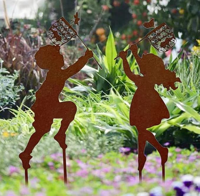 Butterfly Girl Silhouette Sculpture,Shadow Art Garden Figurines, Metal Garden Fence Stake for Lawn Outdoor Patio Home Decor (E)