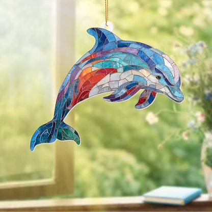 Dolphin Stained Glass Ornament, Ocean Marine Life Window Hanging Suncatcher Acrylic Decor, Nautical Animal Ornament for Home, Car Mirror, Beach House, Collectible Gift for Dolphin Lovers(Sun-08)