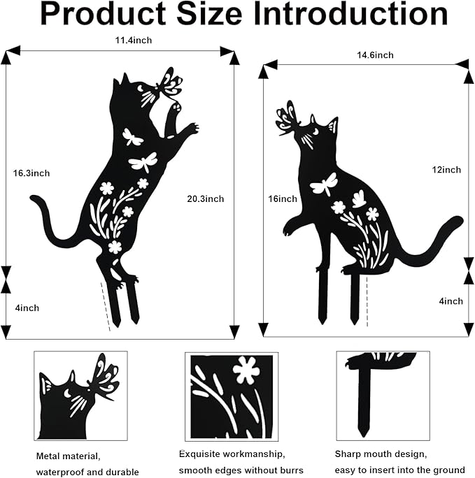 Flohuaer 2PCS Cat Metal Garden Stakes Decorative Unique Gifts for Women/Men Cat Lovers Black Silhouette Statues for Outside Yard Art Outdoor Patio Lawn Ornaments Garden Decorations