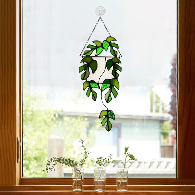 BOXCASA Stained Glass Window Hanging - Handmade Monstera Leaf Suncatcher for Plant Lovers,Plant Gifts for Women,Grandma,Mother's Day,Christmas