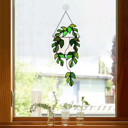 BOXCASA Stained Glass Window Hanging - Handmade Monstera Leaf Suncatcher for Plant Lovers,Plant Gifts for Women,Grandma,Mother's Day,Christmas