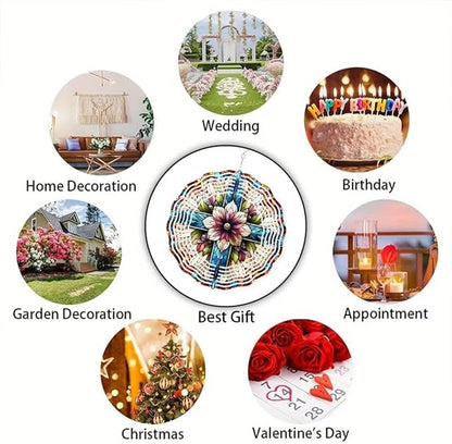 Cross Wind Spinner, Metal Wind Spinners Outdoor/Indoor, Cross Flower Hanging Garden Decor for Outside, Stainless Wind Spinners for Yard and Garden 10 inch 3D (25.76X25 CM)