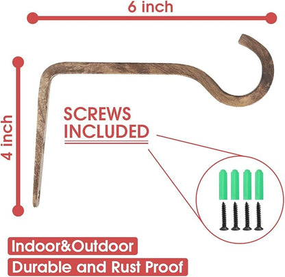 2 Pack 6 Inch Premium Decorative Metal Iron Wall Hook, Rustic Plant Hanger, Indoor Outdoor Gardening Bracket Hook, for Planters, Bird Feeders, Lanterns, Wind Chimes, by RIGHT+LEFT (Coffee)