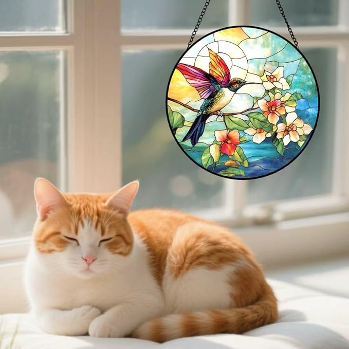 Stained Glass Window Hanging - Colorful Hummingbird Stand on Branches Covered in Flowers 6.3 Inches Suncatcher for Garden Home Decor for Women Mon Grandma Friends