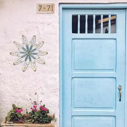 hogardeck Metal Flower Farmhouse Wall Decor, 16" Large Floral Metal Blue White Wall Art for Indoor Outdoor, Boho Wall Decor for Bathroom, Living Room, Kitchen, Bedroom, Porch, Garden, Yard