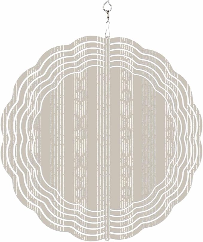 Vintage Boho Geometric Stripes Round Wind Spinner 10", 3D Stainless Steel Wind Spinners for Yard and Garden Retro Beige Indoor Outdoor Metal Hanging Craft Ornaments for Porch Lawn