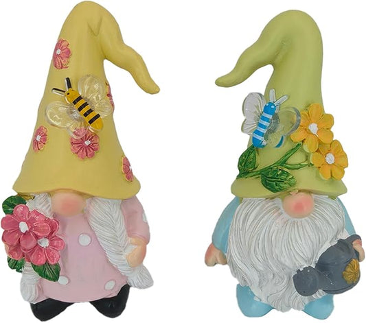 Spring Gnome Figurines Set of 2, Floral Garden Decor with Bee and Butterfly, Yellow and Green Hats, Resin, 4.53 inches Height (Yellow and Green)