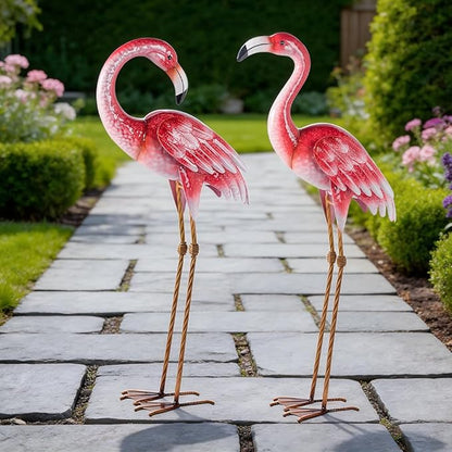 Natelf Pink Flamingo Yard Decorations, Metal Garden Statues and Sculptures, Standing Bird Lawn Ornaments for Patio Backyard Pond Decorations Set of 2
