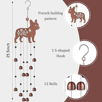 Cinnvoice 24 Inch Metal Wind Chimes Decor for Outside Garden Birthday Gift for Women Men Bronze Windchimes Pet Memorial Gift with 12 Bell for Patio Yard Lawn Housewarming Front Yard(French Bulldog)