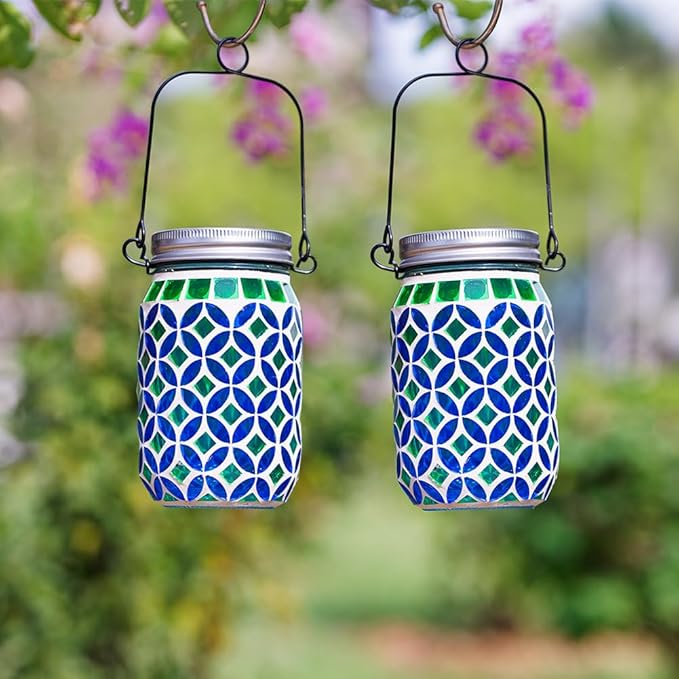 Stargarden 2 Pack Mosaic Solar Lantern , Outdoor Hanging Lantern Waterproof Table Lamp Mosaic Night Light for Tree, Garden, Patio, Yard, Outdoor(Blue Green)