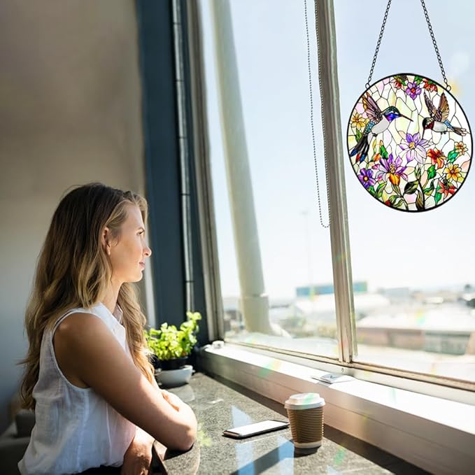 Hummingbird Sun Catcher Stained Glass Window Hanging - Wildflower and Bird Suncatchers for Windows Stained Glass Suncatcher - Sun Catchers Indoor Wall Art Home Decor Gift for Mom Grandma Bird Lovers