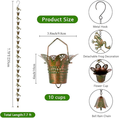 7.7FT Rain Chain for Outside, Rain Chain with 10 Frog Cups Adjustable Rain Chains for Gutters, Eaves, Drainage, Replacement for Downpout