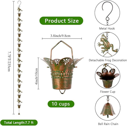7.7FT Rain Chain for Outside, Rain Chain with 10 Frog Cups Adjustable Rain Chains for Gutters, Eaves, Drainage, Replacement for Downpout