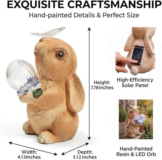 Solar Bunny Garden Statue Outdoor Decor, Glowing Rabbit Figurine with Warm Light Body, Color-Changing Butterfly and Multicolor LED Orb, for Mom Grandma Women Patio Lawn Yard
