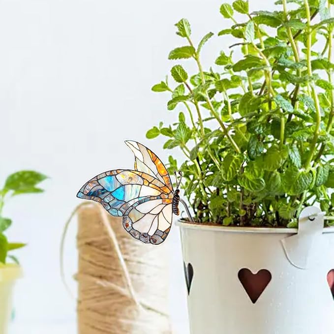 JOONOR 2 Pieces Stained Acrylic Butterfly Flower Pot Hugger Cute Animal Statue for Planter Hanger Decorations Outdoor Fairy Garden Planter Edge Accessories,Butterfly