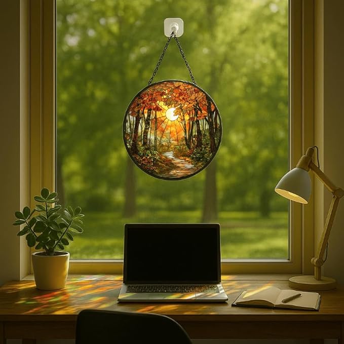 Stained Glass Window Hanging - Autumn Sunlight Through Woods 9.8in Sun Catchers Indoor Stained Glass Panels Wall Decor for Mom,Wife,Lovers,Festive