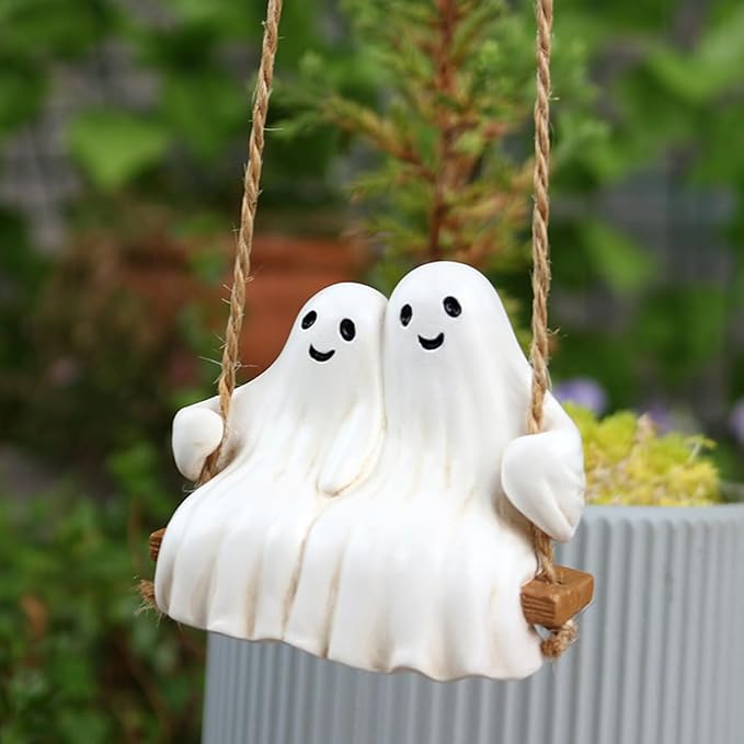 Swing Ghost Couple Garden Statue Outdoor Halloween Decor, 3.1 Inch Cute Ghost Figurine Resin Sculpture Funny Tree Hanging Ornaments for Patio Lawn Yard